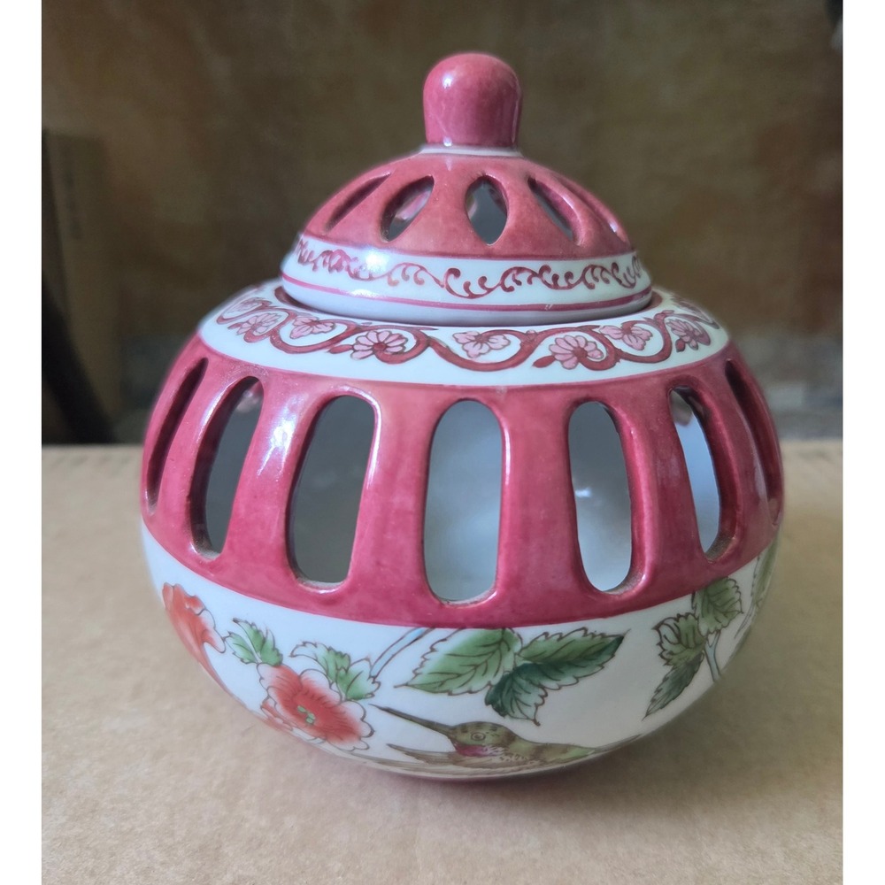 Vintage‎ Ceramic Potpourri Jar Pink Hummingbird Floral Cut Out Decorative Bowl